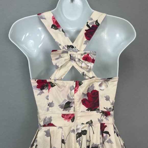 Hell Bunny Eloise Mini Dress Rose Print Cream Bow‎ Adjustable Straps Sz XS Retro - Picture 6 of 12